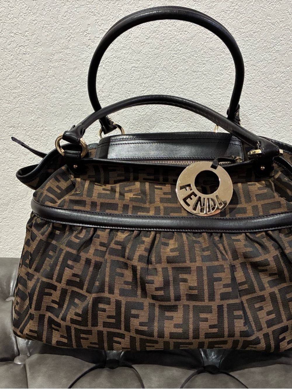Fendi Brown and Black Zucca Logo Shoulder Bag with Gold Charm